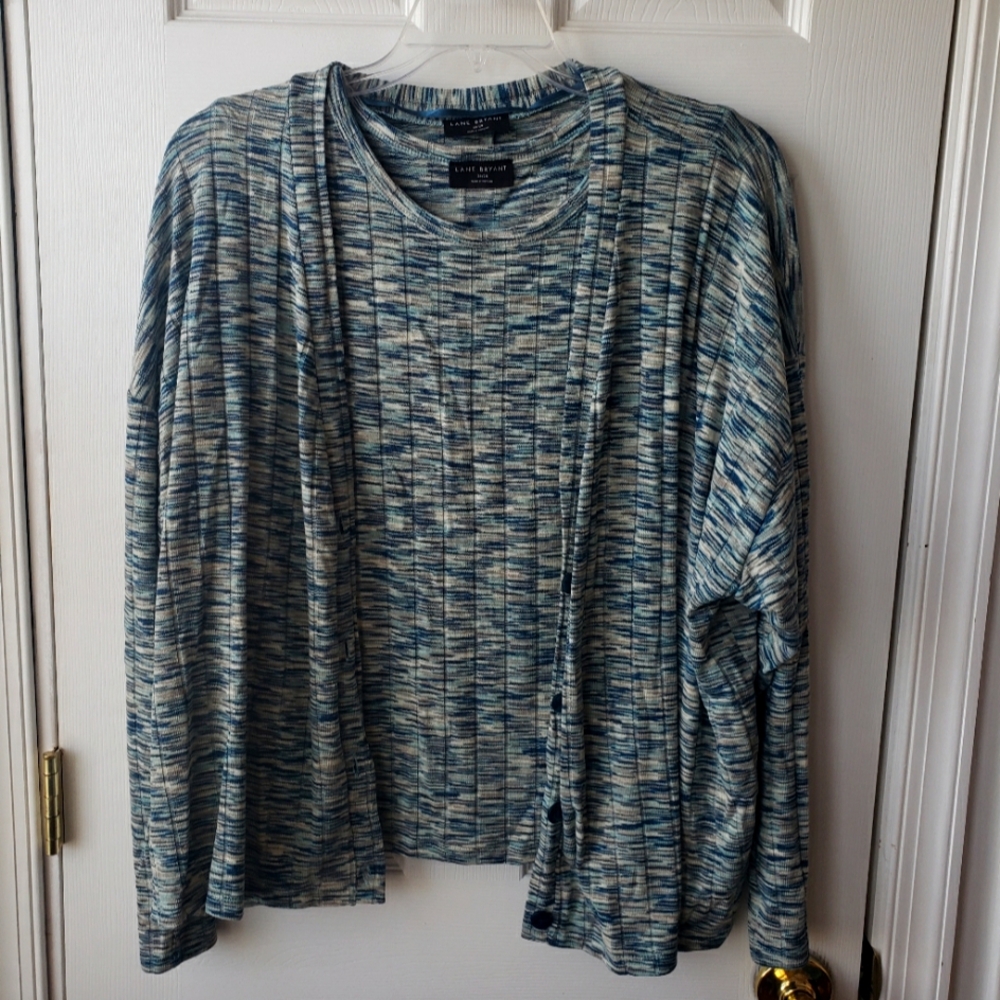 Lane Bryant Blue and Cream Knit Cardigan Set.